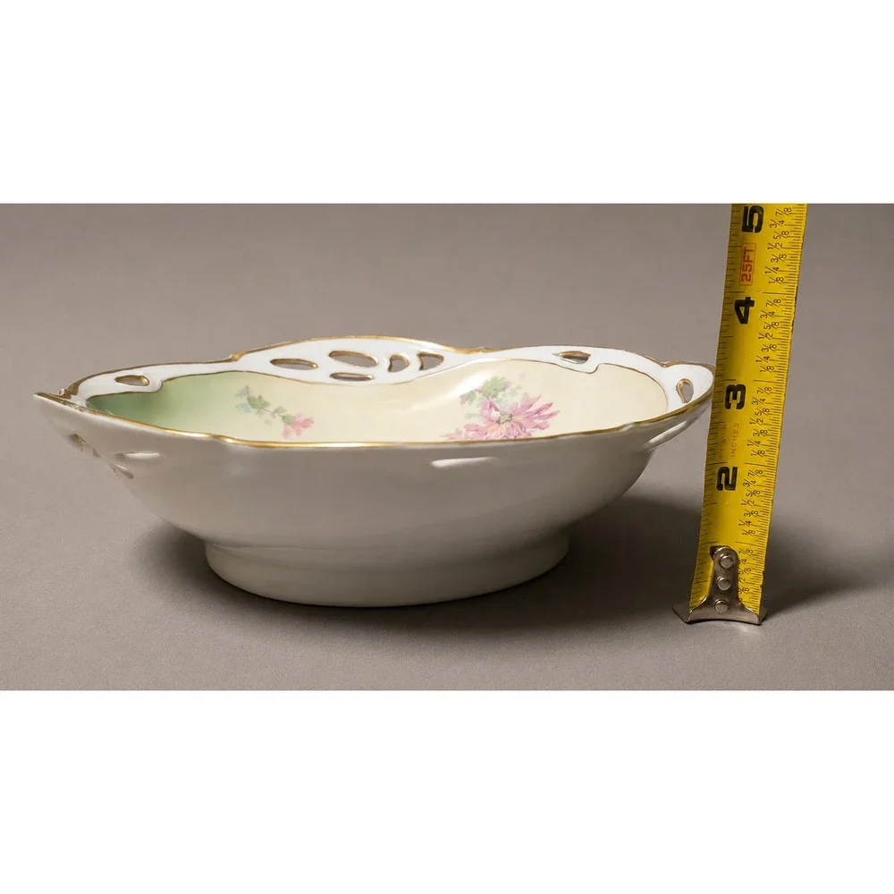 Antique Bavaria R&C Pierced Floral Serving Bowl Gold Trim Hand Painted 10.5